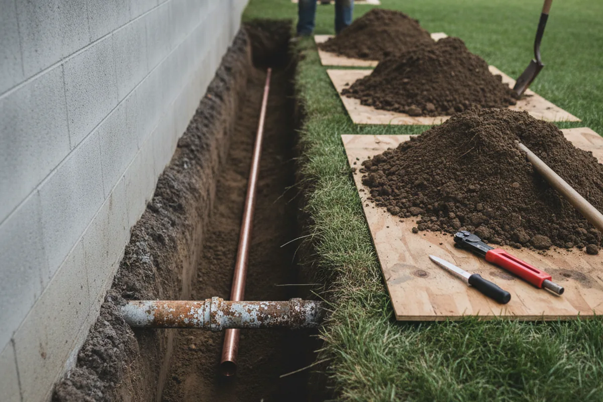 Excavated water line trench during Sewer Line Repair in Endicott